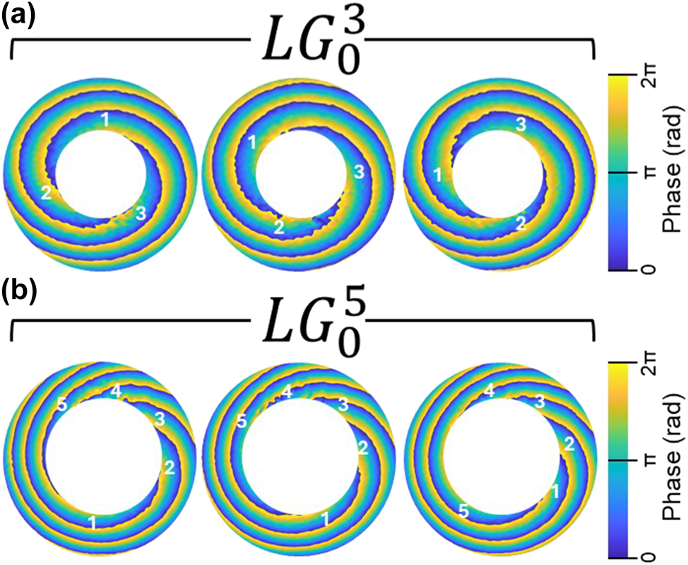 Figure 5: 
Phase twists of OAM of the LG beams with topological charges l = 3 (a) and l = 5 (b) during the gradual increase of refractive index (5 × 10−6). The sample is 1 mm-thick cuvette containing an ethanol solution with a water concentration of 51.89 mol%.
