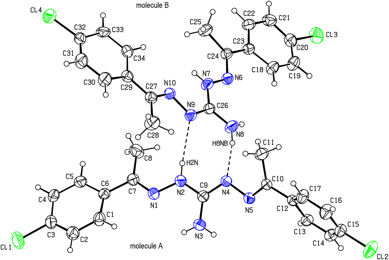 Figure 1:
A perspective view of the asymmetric unit of the title compound. Displacement ellipsoids are drawn at the 30% probability level. The two molecules (A and B) in the asymmetric unit are linked by N—H···N hydrogen bonds shown as dashed lines. Only the major component of the disordered atoms is shown for clarity.