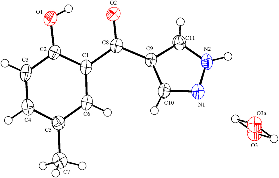 Figure 1: 
The molecular structure of (2-hydroxy-5-methyl-phenyl)-(1H-pyrazol-4-yl)-methanone hemihydrate.
