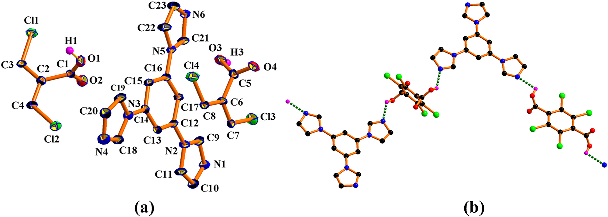 Figure 1: 
(a) The asymmetric unit structure of I, showing the atom numbering scheme. Displacement ellipsoids are shown at the 30 % probability level; (b) view of the 1D O–H⋯N hydrogen bonded framework in I. The dashed line shows the inter-molecular O–H⋯N hydrogen bond (symmetry codes: i −x, 2 − y, 1 − z; ii 3 − x, 1 − y, 2 − z).
