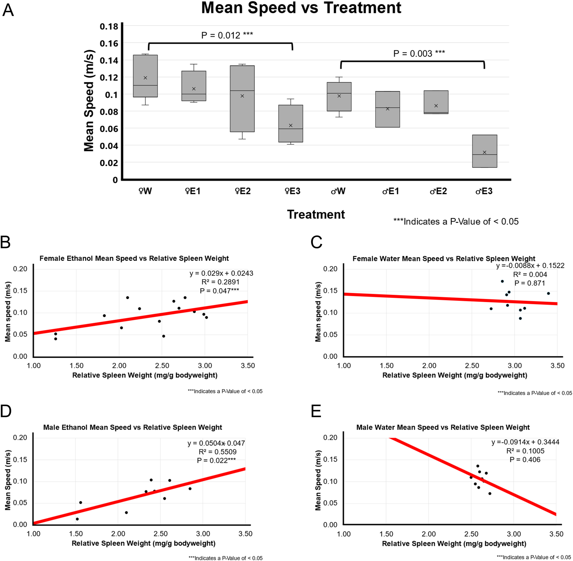 Figure 2: 
Mean speed and correlation with relative spleen weight following 3-day binge EtOH exposure. (A) Mean speed by treatment group. The relative spleen weight between the treatment groups was compared using a t-test between water (n=5 for male and n=5 for female) and EtOH-treated rats for both males (n=10) and females (n=12). In females, animals with smallest spleen weight following EtOH exposure, E3 showed significantly lower mean speed than the female water-treated group (p=0.012). Similarly, the male E3 EtOH-treated group showed significantly lower mean speed than the male water-treated group (p-value of 0.003). The spleen groups E2 and E3 also showed a decreasing trend in mean speed of EtOH-treated male and female F344 rats in OFT. (B) A positive weak correlation r^2 of 0.289 and p-value of 0.047 between relative spleen weight and mean speed in EtOH-treated female F344 rats. (C) A weak or no correlation (r^2 of 0.004; p=0.871) between relative spleen weight and mean speed was observed in water-treated female F344 rats. (D) Correlation between relative spleen weight and mean speed obtained by ANYmaze open field assessment in EtOH-treated males (n=9). They were significantly positive correlation (r^2 of 0.5509; p=0.022) smaller spleen weight and mean speed in EtOH-treated male F344 rats. (E) No to very weak correlation (r^2 of 0.1005; p-value of 0.406) was found between relative spleen weight and mean speed in water-treated male F344 rats.
