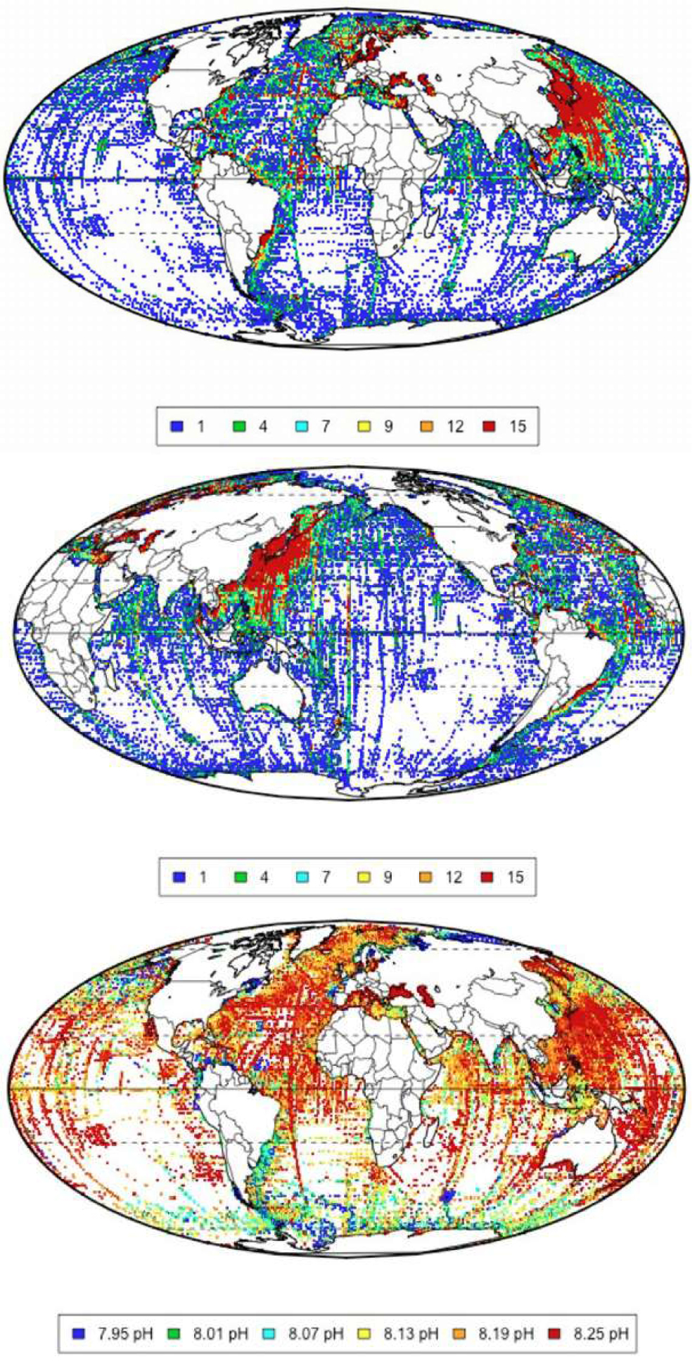 Fig. 2 Samples of 196,888 surface data, less than 1/10 of the total samples in the 2.5 million neglected data points collected over the period 1910 to 2013. Two views of the location of the surface samples of the global pH dataset, centered on the Pacific and the Atlantic and average values of pH by grid cell in the record. Images are taken from Eschenbach (2014). The spatial coverage is excellent in some areas, as the North Atlantic or Japan, but more scattered in other areas, however similarly to other climate products as temperatures or rainfall or sea levels.