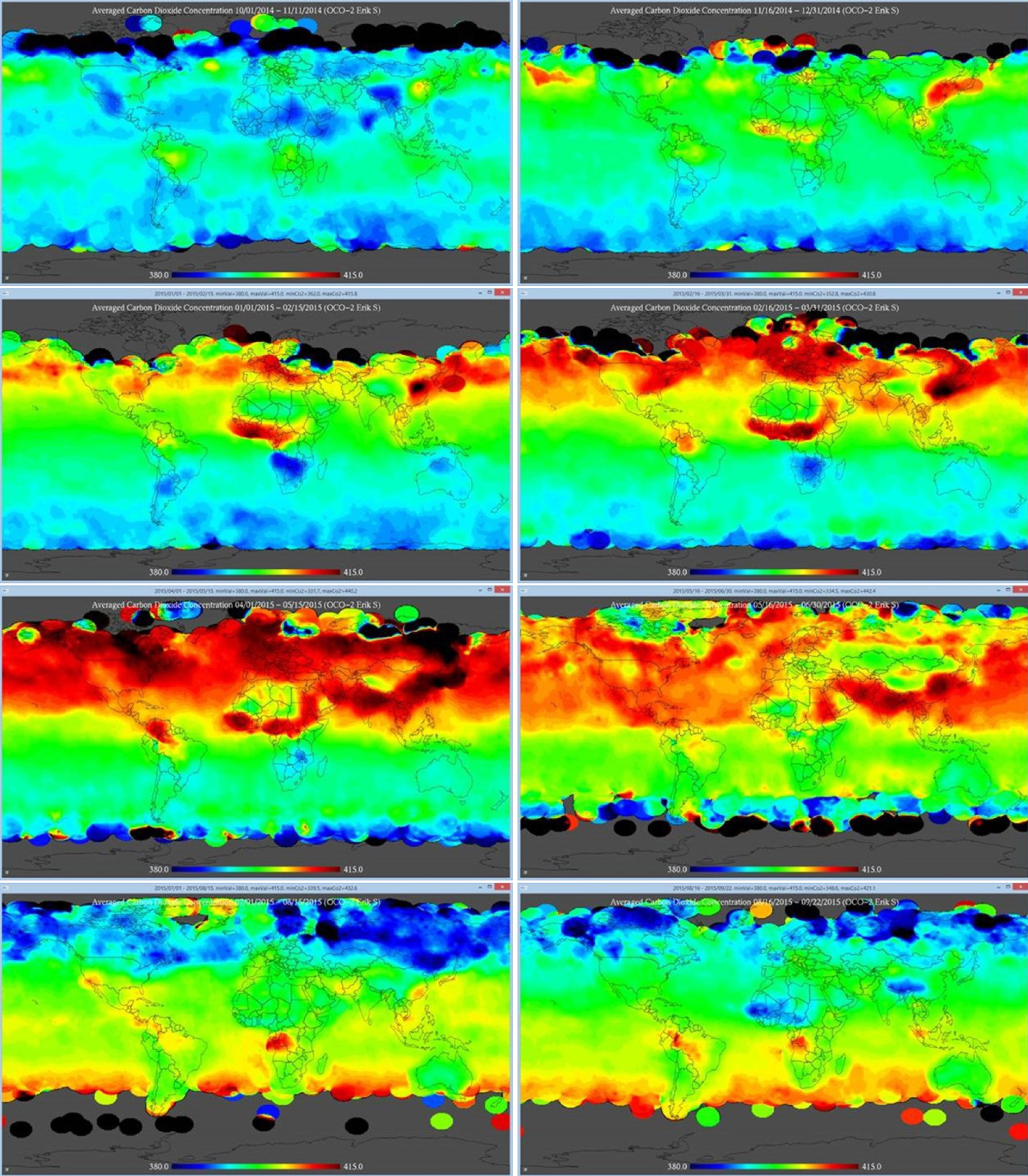 Fig. 8 NASA OCO-2 images of the CO2 fluxes (data from NASA (2015), analysis by Swenson (2015), images from Swenson (2015)). Left to right, top to bottom: Oct 1 – Nov 11, 2014; Nov 16 – Dec 31, 2014; Jan 1 – Fe15, 2015; Fe16 – Mar 31, 2015; Apr 1 – May 15, 2015; May 16 – Jun 30, 2015; Jul 1 – Aug 15, 2015; Aug 16 – Sep 12, 2015.