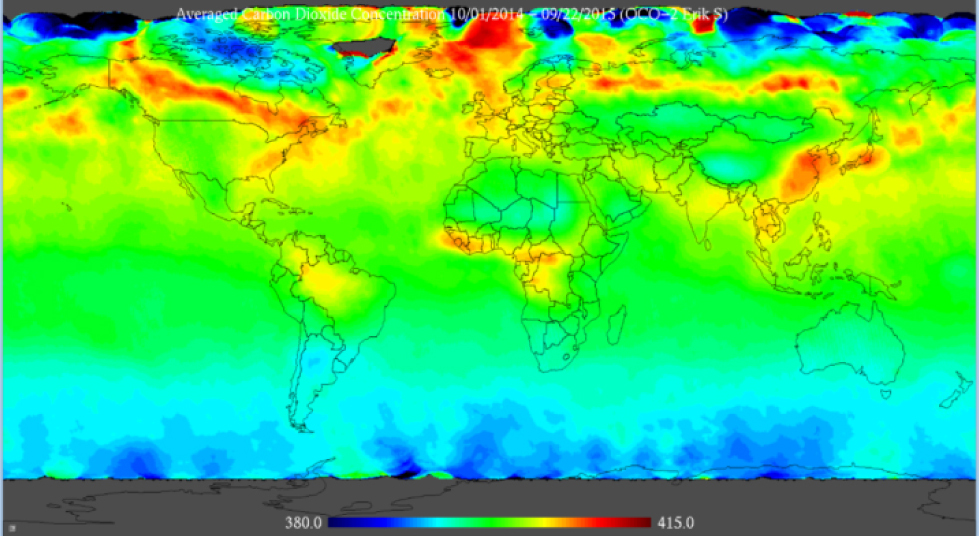 Fig. 9 NASA OCO-2 images of the CO2 fluxes over the entire year from September 2014 to October 2015 (data from NASA (2015), analysis by Swenson (2015), image from Swenson (2015)).