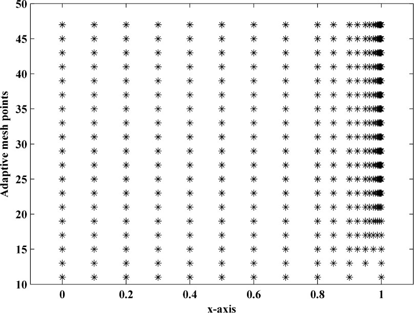 Fig. 4 Adaptive mesh generation for example 5.2 with ε = 2−20, δ = 0, η = 0.5, M=10(initially) and N=20.