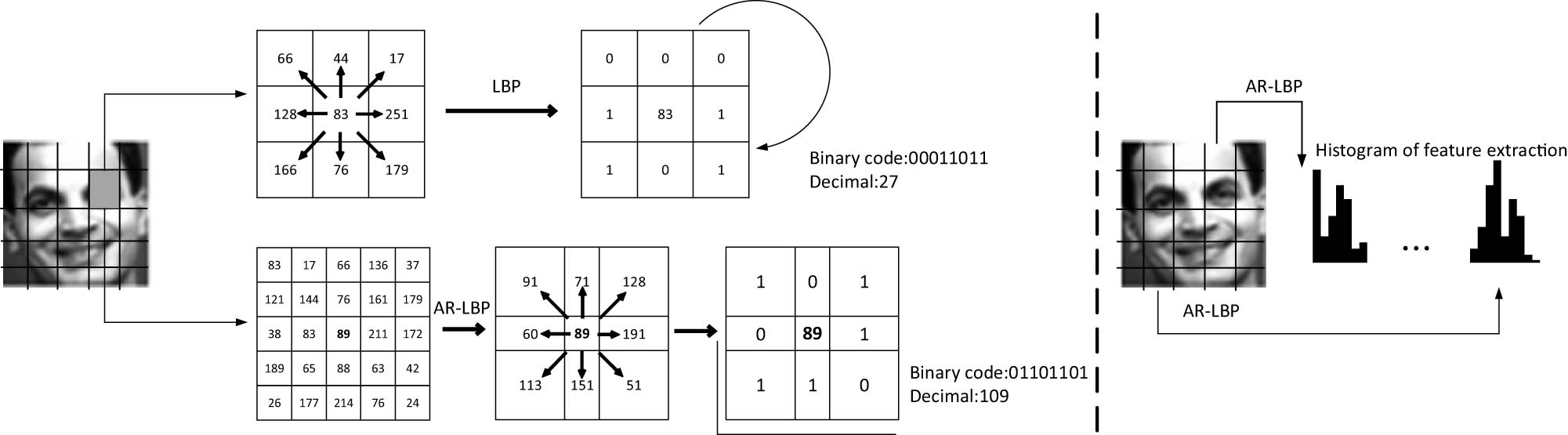 Figure 1 
               Feature extraction for LBP and AR-LBP.
            
