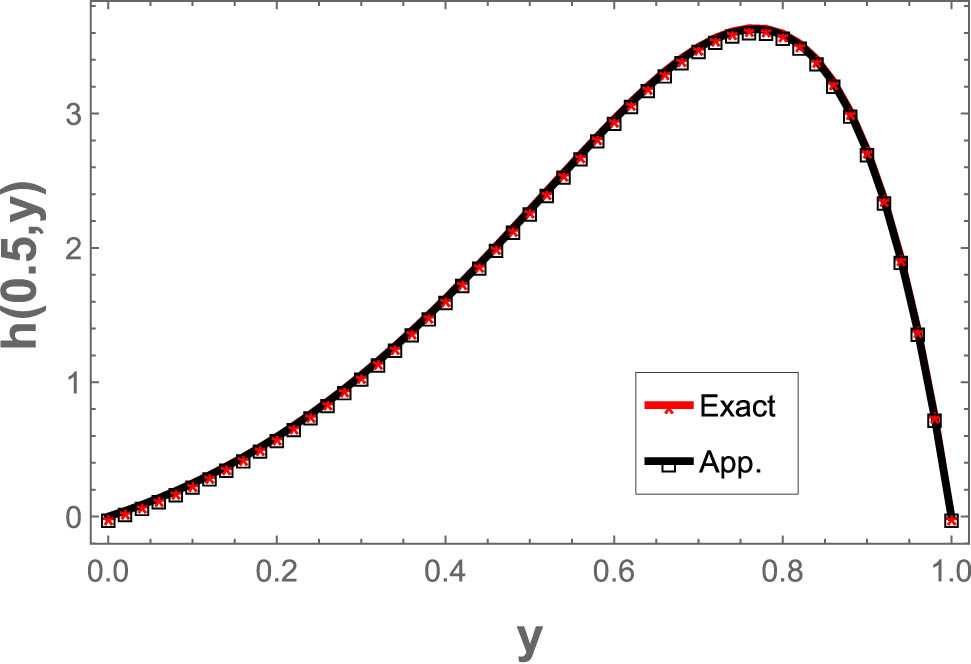 Figure 2 
               The exact results at 
                     
                        
                        
                           x
                           =
                           0.5
                        
                        x=0.5
                     
                   and the numerical results.
            