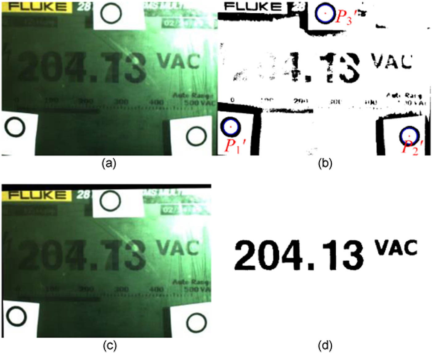 Figure 6 
                  The label production phase. (a) Original image, (b) binary graph, (c) affine transformation result, and (d) label after character replacement.
               