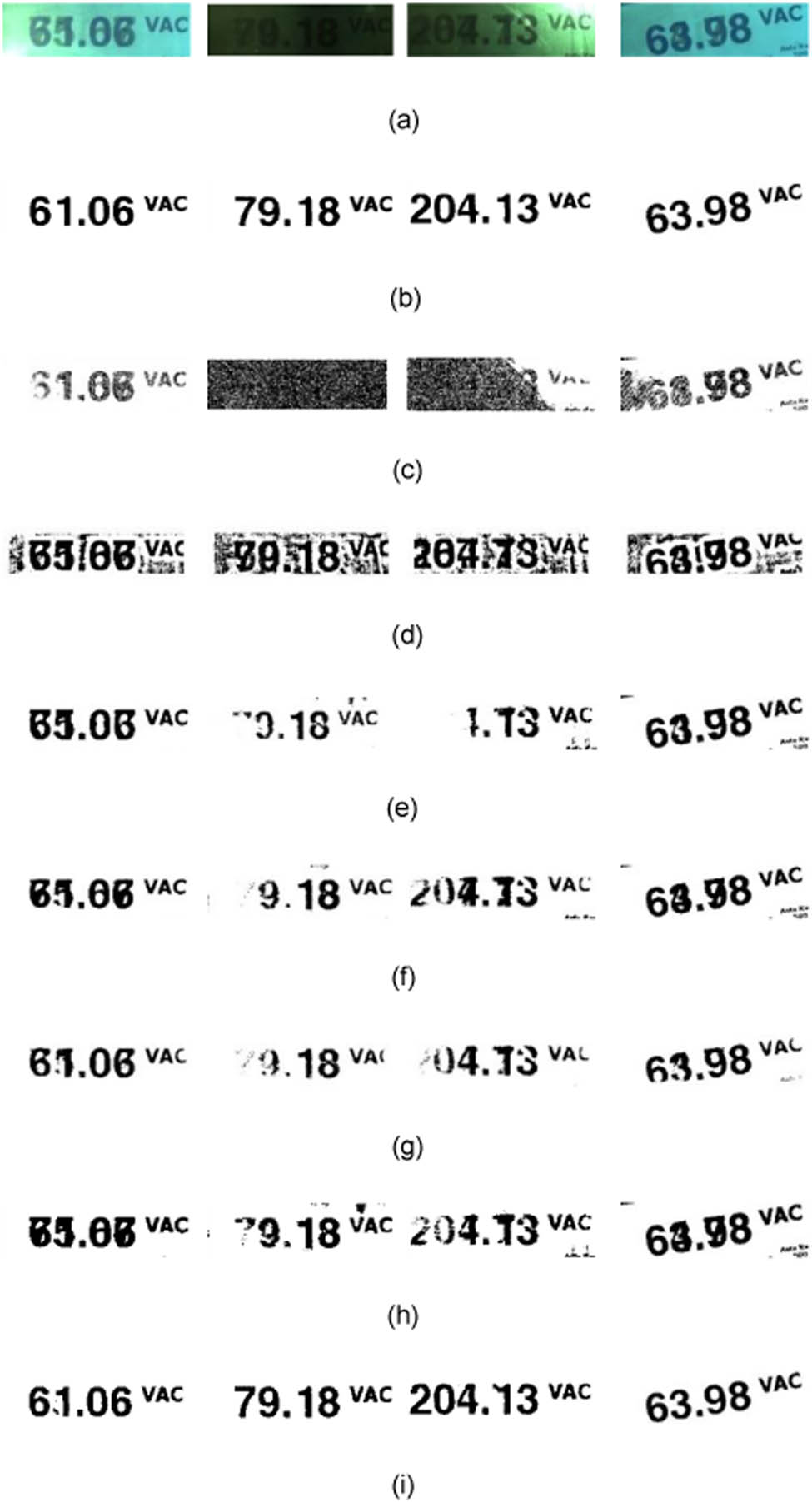 Figure 7 
                  Processing results of different algorithms. (a) Original image, (b) ideal binary label, (c) Bernsen algorithm, (d) Niblack algorithm, (e) Sauvola algorithm, (f) Bradley algorithm, (g) Wellner algorithm, (h) Wolf algorithm, and (i) the method of this article.
               