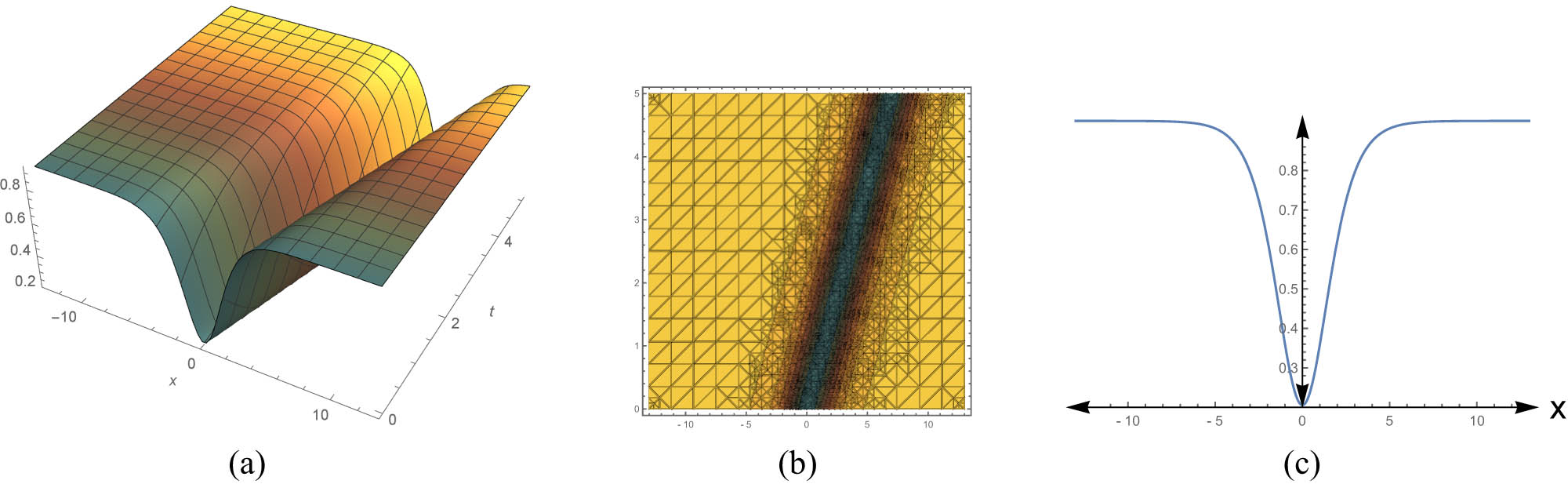 Figure 2 
               Dark solitary solution (24): (a) 3D, (b) contour, and (c) 2D.
            