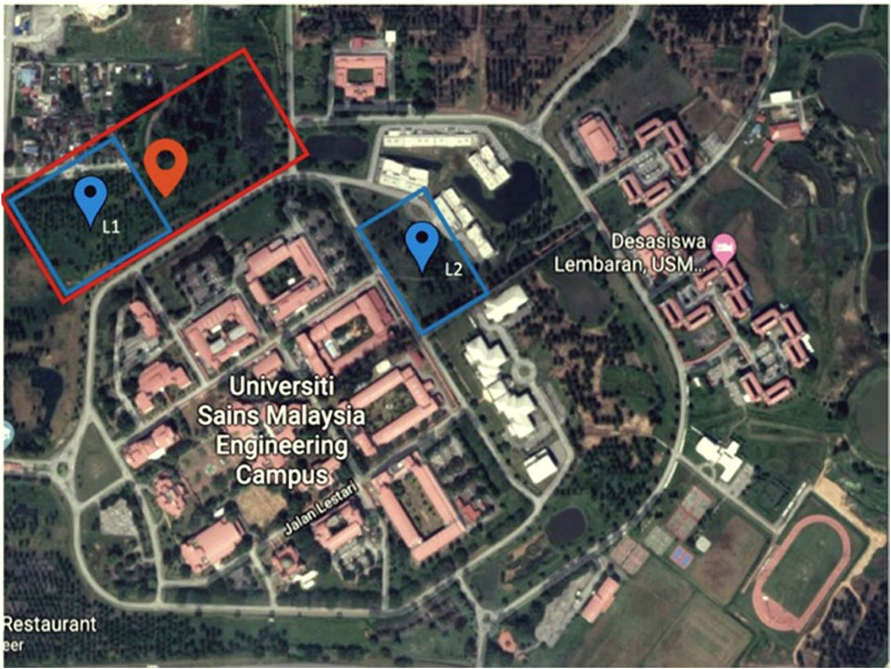 Figure 2
Locations, where the information is collected, are depicted on a map. The blue boxes designated the first location (L1) and the second location (L2) depicts the test flight sites, while the red box denotes the data reception region.