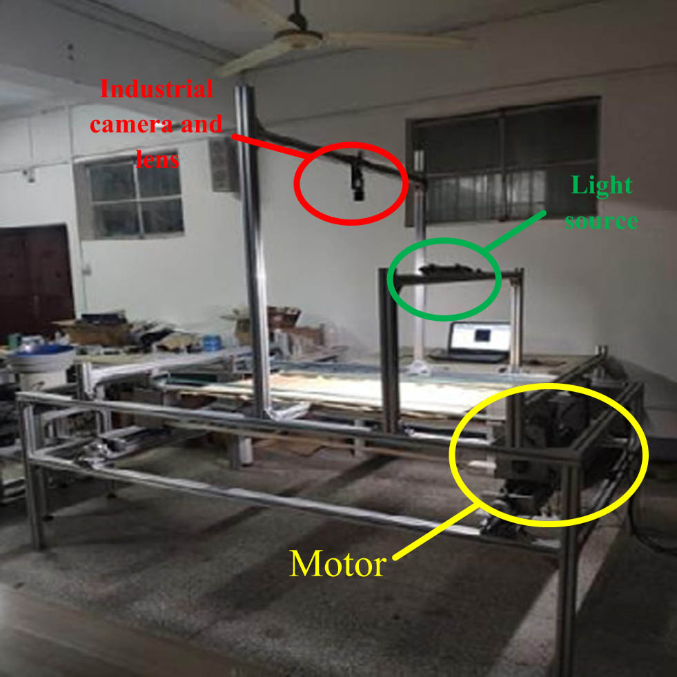 Figure 10 
               Experimental platform for defect detection of paper-plastic composite bags.
            