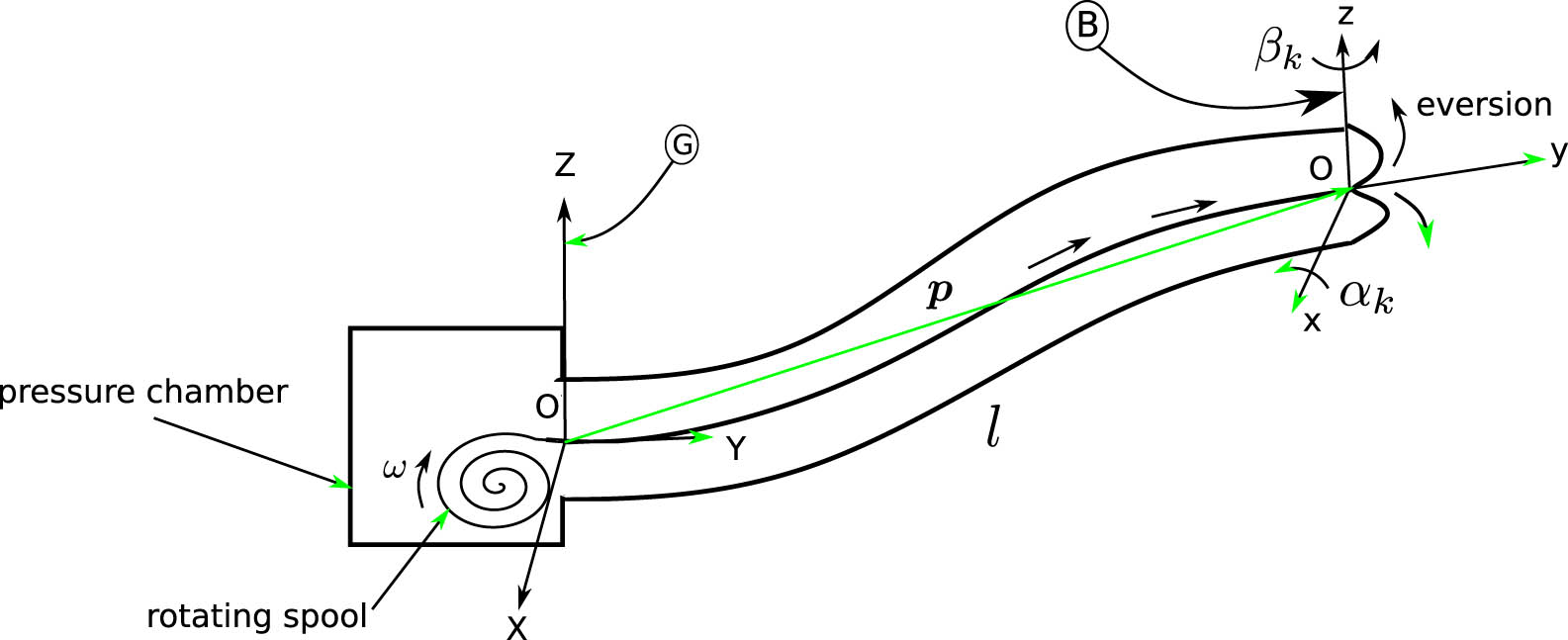 Figure 2
Schematic diagram of the kinematic model of the vine robot.