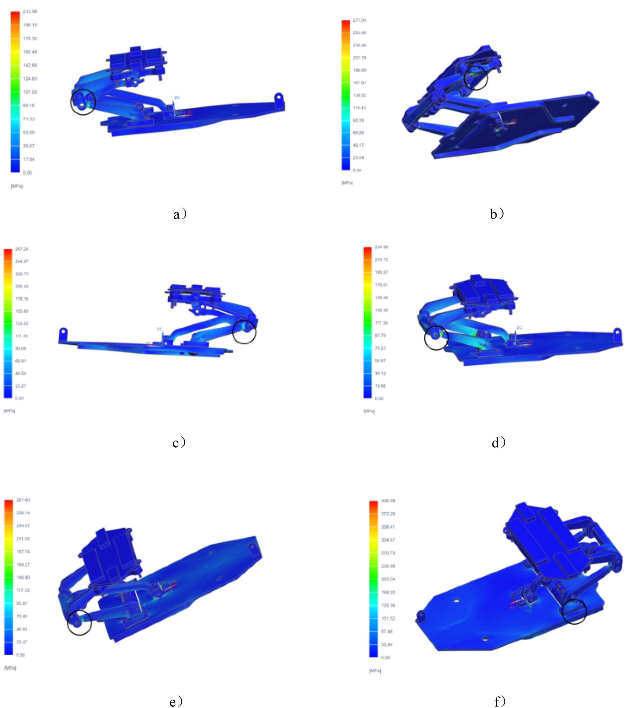 Figure 5 
                  Distribution of maximum values of 7th–12th-order vibration-equivalent stress of pantograph: (a) 7th-order vibration mode, (b) 8th-order vibration mode, (c) 9th-order vibration mode, (d) 10th-order vibration mode, (e) 11th-order vibration mode, and (f) 12th-order vibration mode.
               
