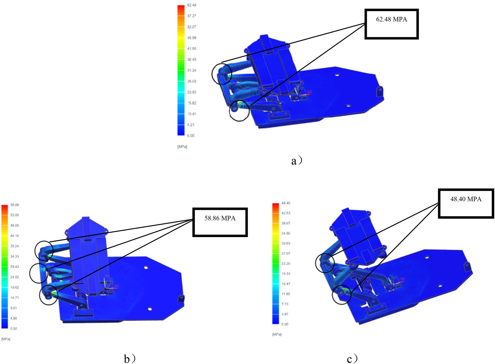 Figure 6 
                  Equivalent stress diagram of pantograph at three positions: (a) H160 mm working position, (b) H230 mm working position, and (c) H300 mm working position.
               