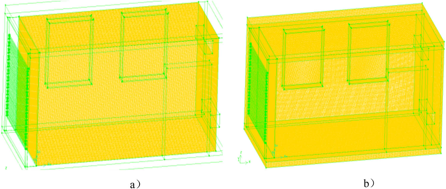 Figure 17
Phase-change energy storage building meshing. (a) Schematic diagram of indoor air domain meshing. (b) Schematic diagram of building envelope mesh division.