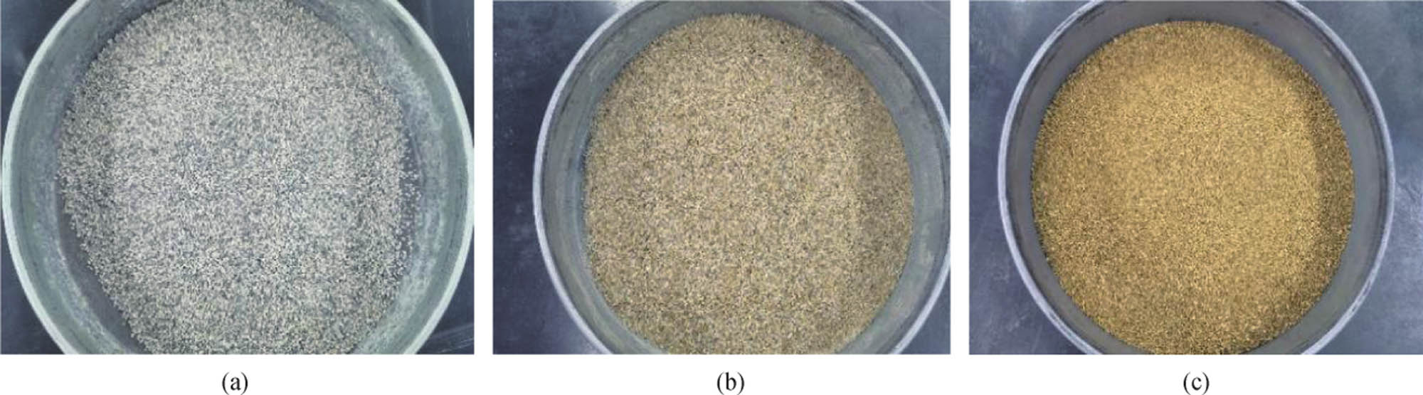 Figure 3
Test made use of three distinct fine aggregates. (a) Recycled fine aggregate, (b) same grade standard sand, and (c) same grade natural river sand.