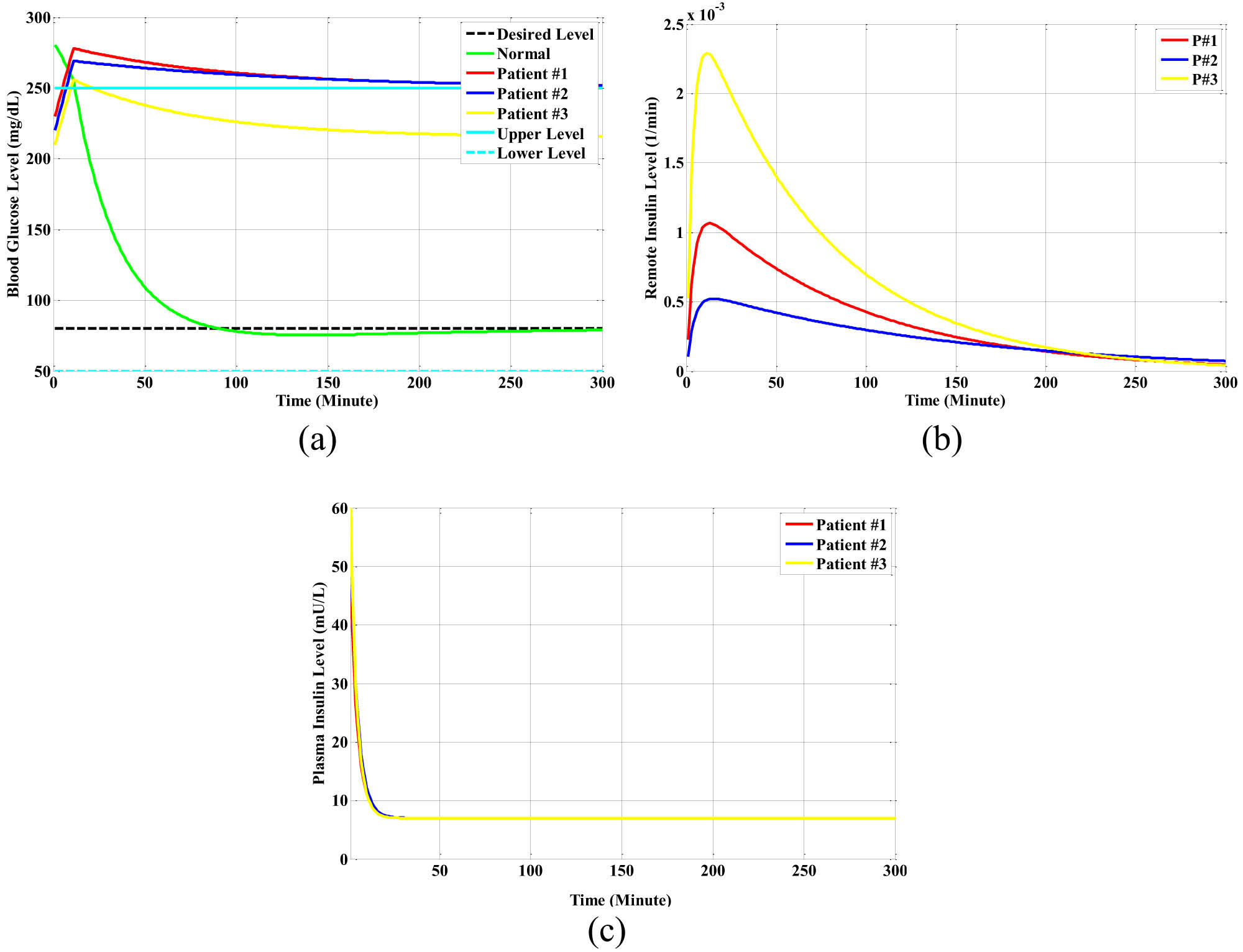Figure 13
The open-loop responses for a normal person and for different types of diabetic patients in the dinner-meal state: (a) the glucose level, (b) the remote insulin level, and (c) the plasma insulin level.
