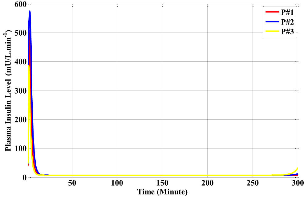 Figure 29
The plasma insulin level for the three different types of Bergman patient models with the lunch disturbance.