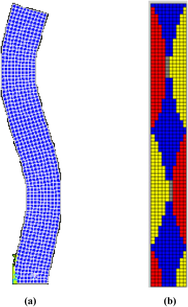 Figure 17 
                  Second-order mode of the plane framed column. (a) Modal shape. (b) Orthogonal decomposition graph.
               