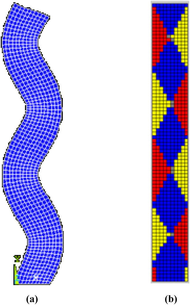 Figure 19 
                  Fourth-order mode of the plane framed column. (a) Modal shape. (b) Orthogonal decomposition graph.
               