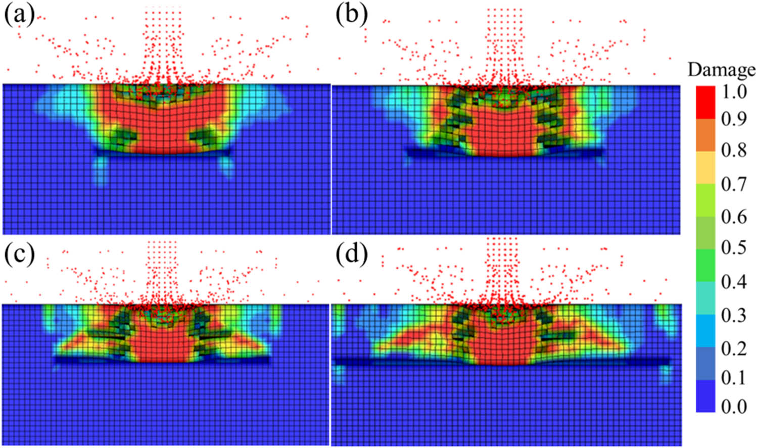 Figure 14 
                     Damage cloud for different crack sizes at the same moment in time (locally enlarged). Crack size: (a) 2 cm, (b) 3 cm, (c) 4 cm, and (d) 6 cm.
                  