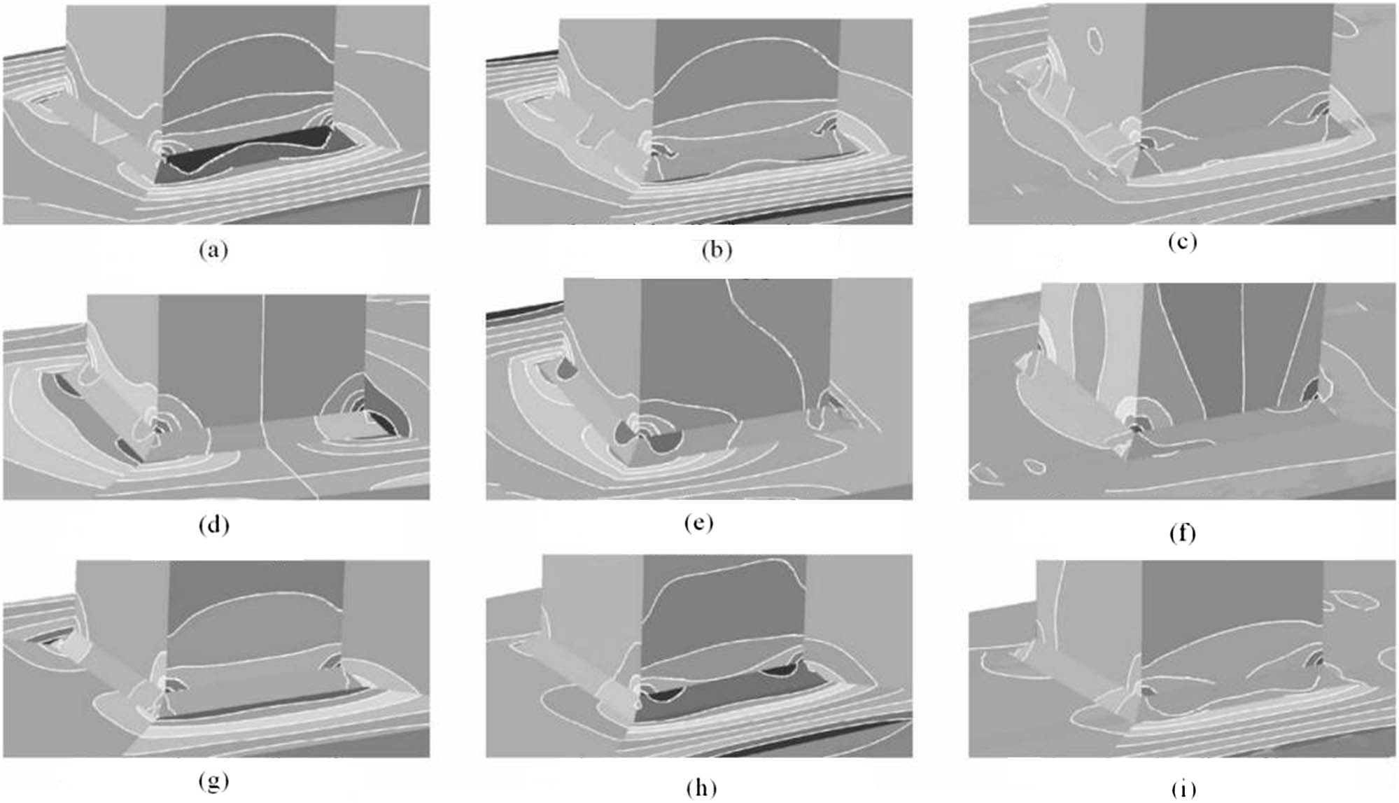 Figure 7 
                  Stress contours: (a) axial pull of specimen T1 branch pipe, (b) axial pull of specimen T1C branch pipe, (c) axial pull of specimen T1PBL branch pipe, (d) in-plane bending of branch pipe T1 of specimen, (e) in-plane bending of branch pipe T1C of specimen, (f) in-plane bending of branch pipe T1PBL of specimen, (g) out-plane bending of branch pipe T1 of specimen, (h) out-plane bending of branch pipe T1C of specimen, and (i) out-plane bending of branch pipe T1PBL of specimen.
               