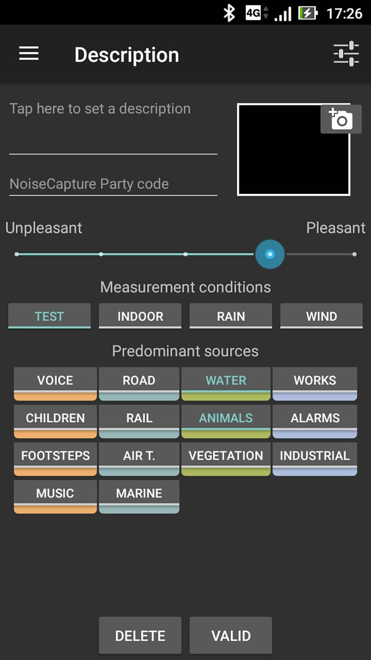 Figure 2
Screen of the app NoiseCapture at the end of measurement, with a five-point unipolar scale to provide pleasantness rating and predominant sources.