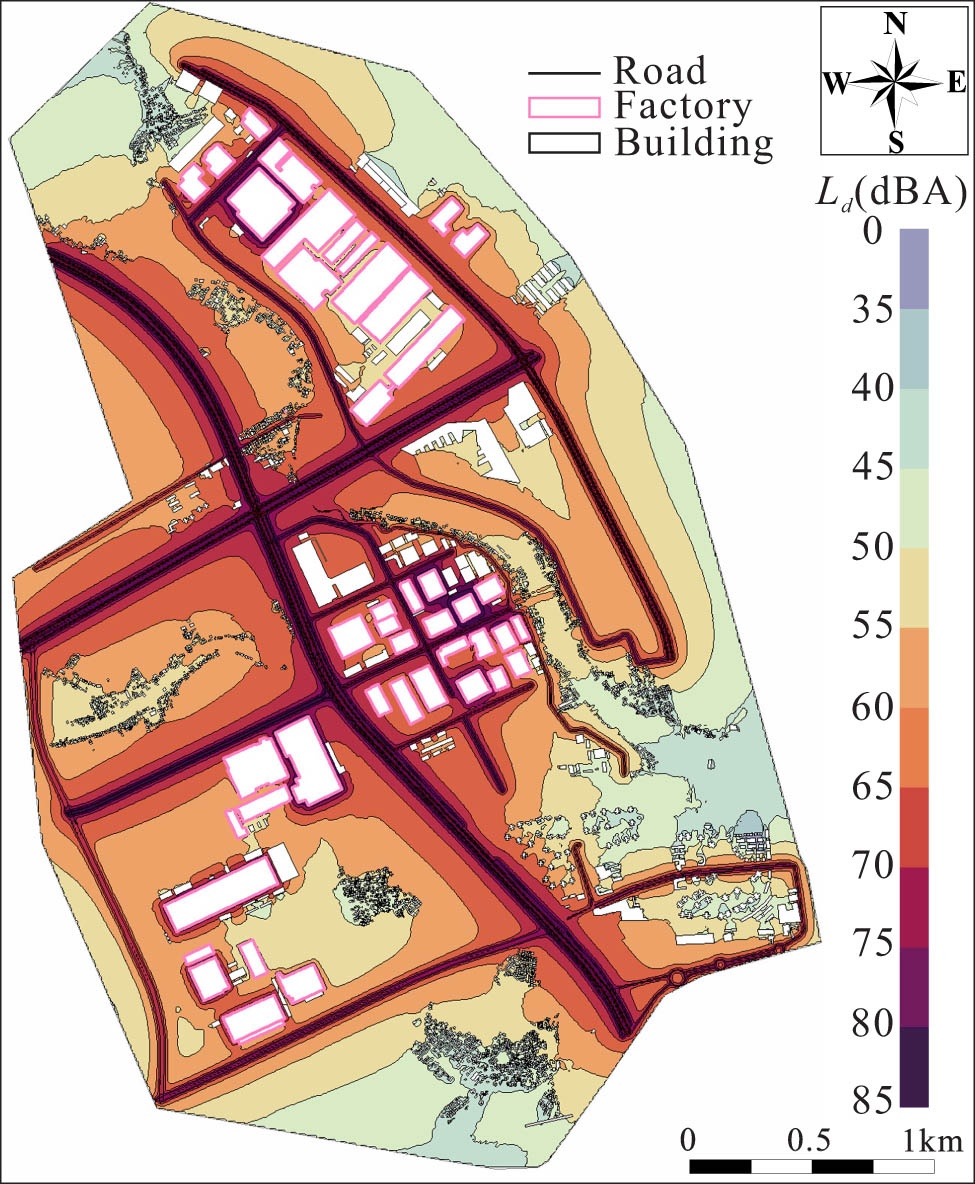 Figure 9 
                  Day road traffic and industrial noise map.
               