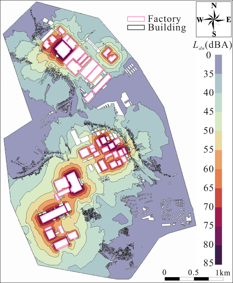 Figure 13 
                  Day–night industrial noise map.
               