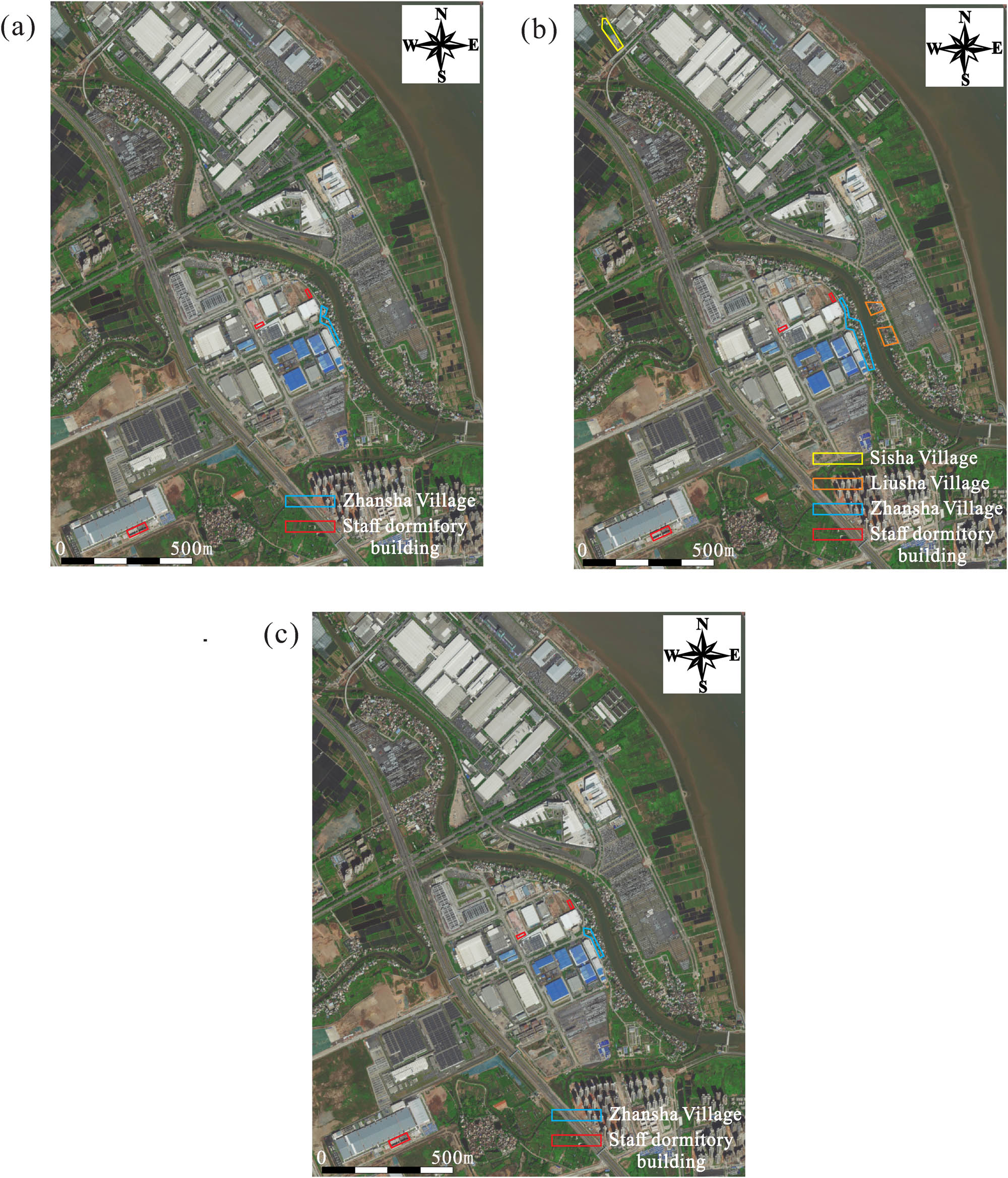 Figure 14 
                  Residential areas that affected by industrial noise. (a) Daytime, (b) nighttime, and (c) day–night.
               