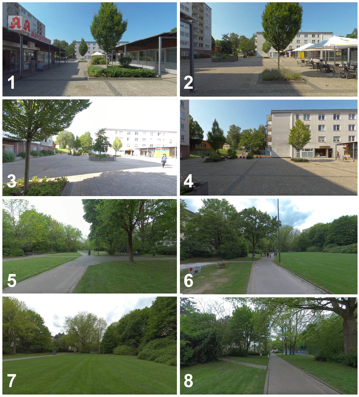Figure 1 
                  Recording positions 1 to 4 belong to the market place and 5 to 8 to the park.