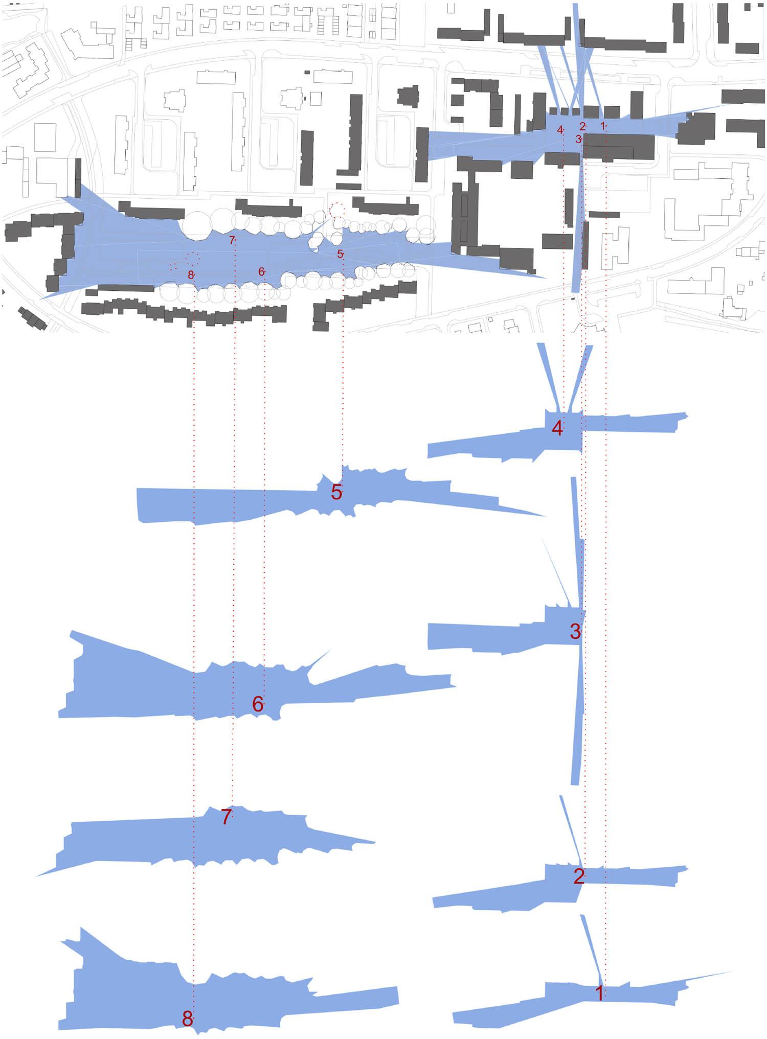 Figure 3 
                  Isovists for each of the studied urban locations.