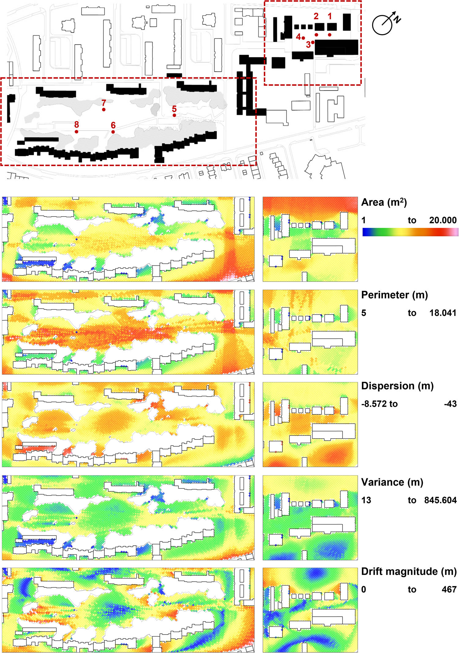 Figure 6 
                  Isovist metrics for the five highest correlating isovist metrics. For each metric, the range of values is displayed.