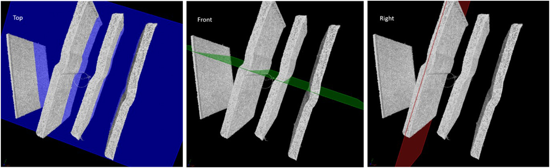 Figure 6: 
Example of planes for cross-sectional images illustrated in the 3D scan images. Illustration of how cross-sections perpendicular to the crease through the cardboard (TOP) were taken, cross-sections parallel to the crease through the cardboard (FRONT) and cross-sections parallel to the thickness direction (RIGHT) of the cardboard were taken.
