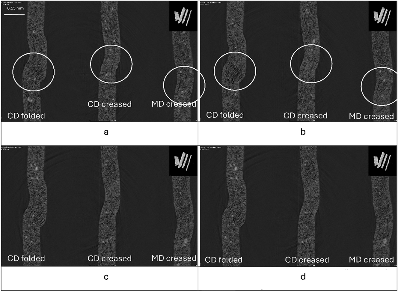 Figure 9: 
Cross-sectional TOP images for the creased and folded board samples. Same scale in all subfigures.
