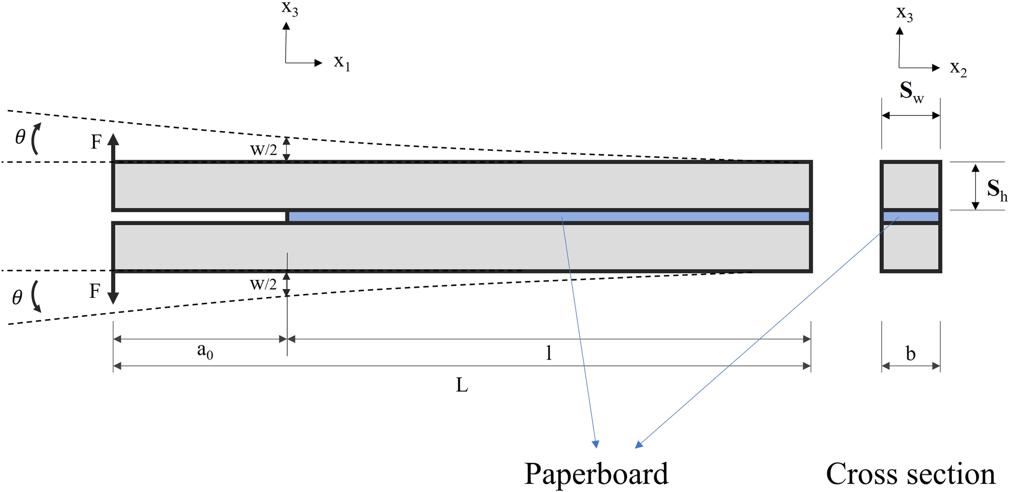 Figure 1: 
A schematic of DCB. Displacement and rotation are exaggerated.
