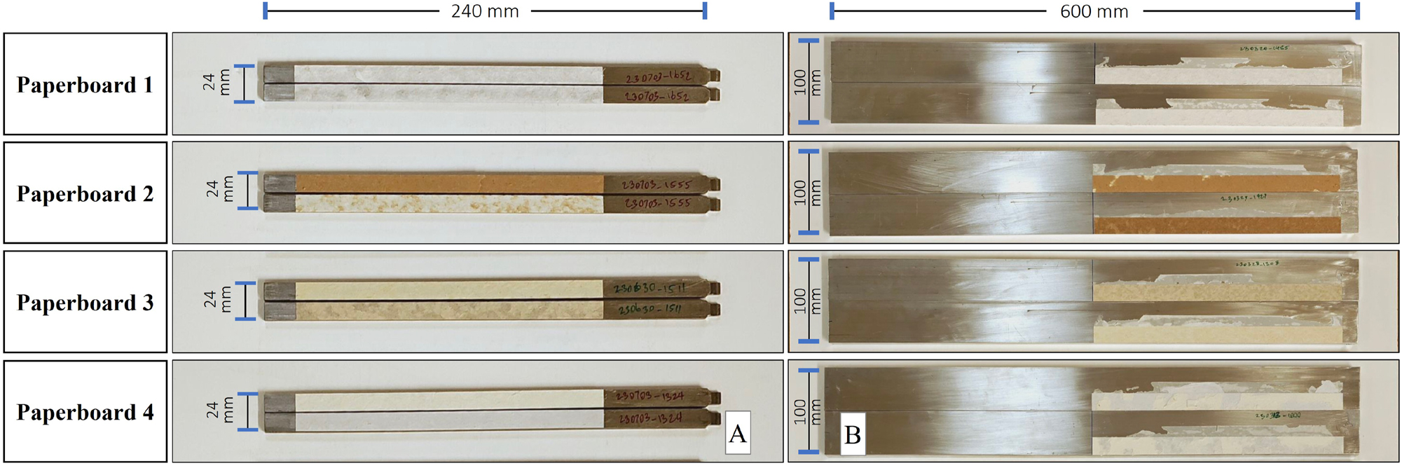 Figure 4: 
Fracture surfaces. a) DCB fracture surfaces; b) SDCB fracture surface.

