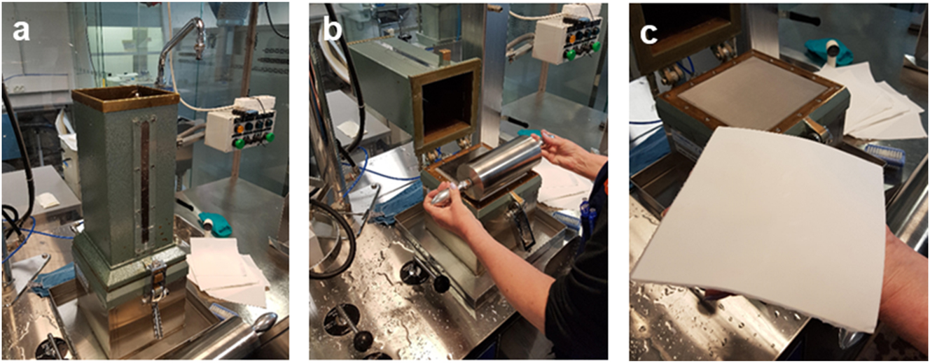 Figure 1: 
Preparation of the samples: a) Lorentzen & Wettre forming device used for laboratory sheet preparation. b) Adjusting the solids content to 20 % by couching. c) Final wet tissue sample.
