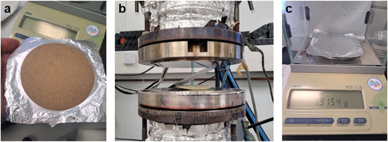 Figure 2: 
Different experimental steps: a) Cutting a wet sample and shielding it from one side with aluminium foil. b) Wet pressing of the sample against a moist felt. After removing the load, the sample-foil system detaches immediately from the top hot metal surface and from the felt. c) Rapid transfer of the pressed sample to the analytical balance. During this step, the foil blocks moisture evaporation through the upper sample surface.
