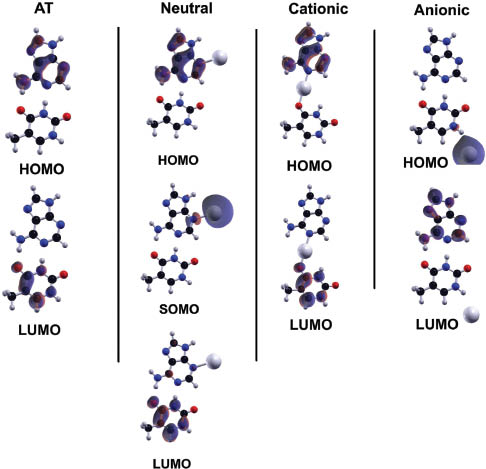 Figure 7: Representative HOMO-LUMO Kohn-Sham orbitals for the isolated adenine-thymine (AT) base pair (on the left) and its lowest energetic silver hybrid structures in three charge states: neutral, cationic, and anionic.