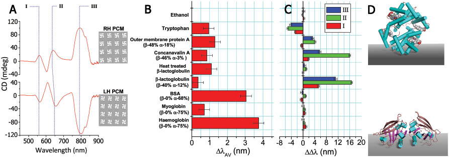 Figure 14 Superchiral field-based biosensing. (A) CD spectra of RH/LH PCMs. The curves for RH and LH gammadions are mirror images of each other due to their opposite chirality. (B) Average resonance shifts and (C) difference of resonance shifts between RH and LH PCMs on adsorption of chiral biomolecular layers. (D) Hemoglobin (top) and β-lactoglobulin (bottom) molecules adopt different geometries upon adsorption due to their different secondary structures (α-helix, cyan cylinders; β-sheet, ribbons). Figures are adopted from Ref. [174] with permissions.