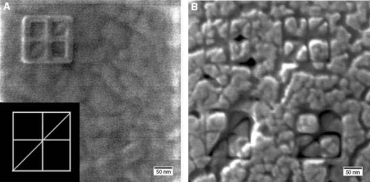 Figure 13 Ion lithography using the HIM. (A) Generation of nanoscale feature using He ion implantation. The surface has a 100-nm layer of gold on a Si wafer; He ion deposition occurred with 1 μs dwell time and 10 repeats of the pattern. Inset is the pattern of deposition. (B) Ion milling using HIM, a 10-nm layer of AuPd sputter coated on a Si wafer. Pattern same as in (A) with different dwell times, starting from top left and going in a z pattern: 5 μs, 10 μs, 15 μs, and 20 μs dwell times with one repeat and milling occurred.