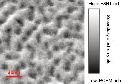 Figure 9 HIM imaging of BHJ solar cell active layer constituted with P3HT electron donor and PCBM electron acceptor. High-resolution imaging and high contrast are observed because of different secondary electron yield properties of the components [Reprinted with permission from (A.J. Pearson, S.A. Boden, D.M. Bagnall, D.G. Lidzey, and C. Rodenburg, Imaging the Bulk Nanoscale Morphology of Organic Solar Cell Blends Using Helium Ion Microscopy, Nano Lett, 2011, 11(10): p. 4275–4281). Copyright (2011) American Chemical Society].