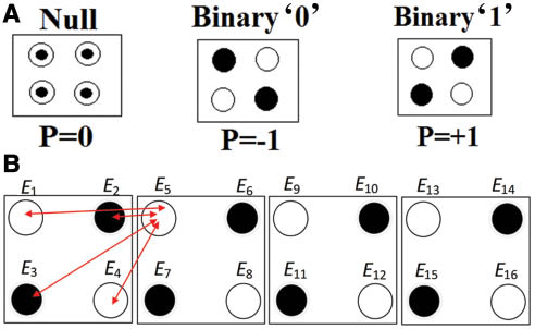Figure 1: Basic QCA cells. (A) Different QCA cell polarization, (B) data flow in QCA wire.