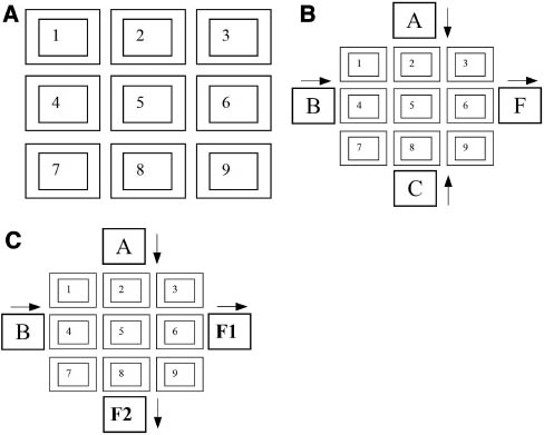 Figure 8: QCA tile structure. (A) Grid representation of 3×3 tile. (B) Block diagram of MV circuit using 3×3 orthogonal tile. (C) A 3×3 baseline tile showing coplanar crossing.