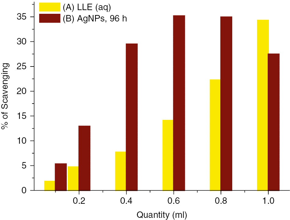 Figure 7: Antioxidant activity of (A) LLE and (B) AgNPs after 96 h.