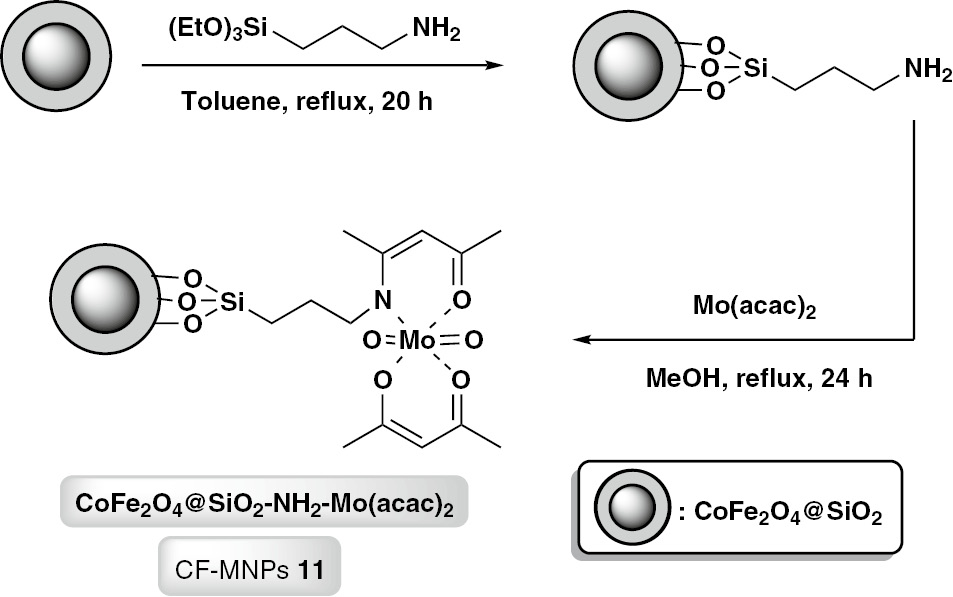 Scheme 9: General route for the synthesis of magnetic CoFe2O4@SiO2 nanoparticle supported molybdenum (CF-MNPs 10).