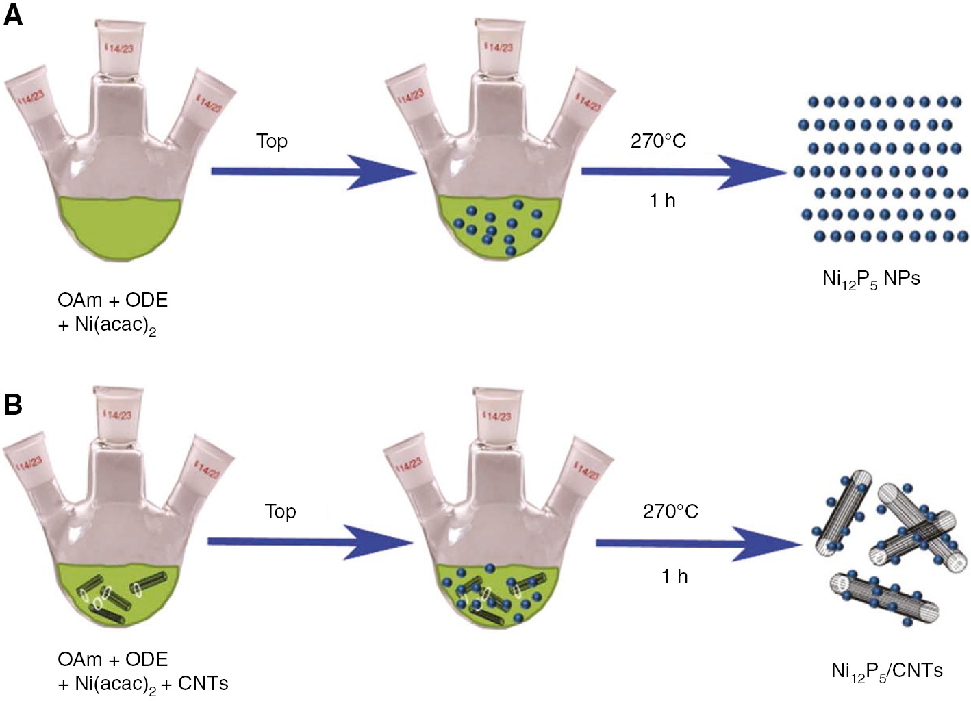 Figure 3: Illustration of the synthetic process for the monodisperse Ni12P5 nanoparticles (A) and the Ni12P5/CNT nanohybrids (B). Reproduced from Ref. [159] with permission from the Royal Society of Chemistry.