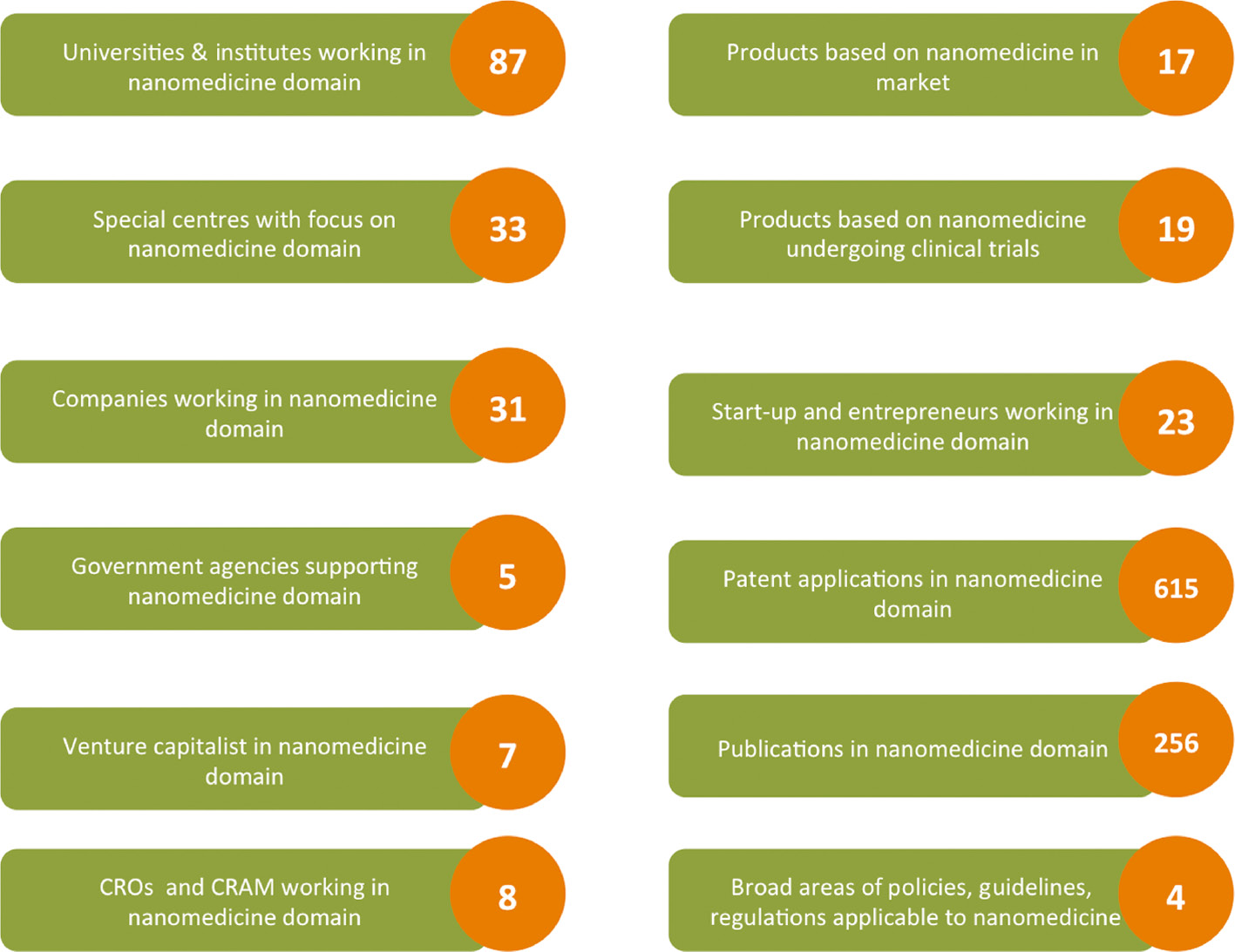 Figure 3: Nanomedicine innovation in India. A landscape of nanomedicine innovation in India has been mapped depicting various stakeholders involved in nanomedicine innovation, level of investment, and regulatory framework for nanomedicine. The numbers quantify the stakeholders, products, publications, and patents and relevant laws, policies and legislations.